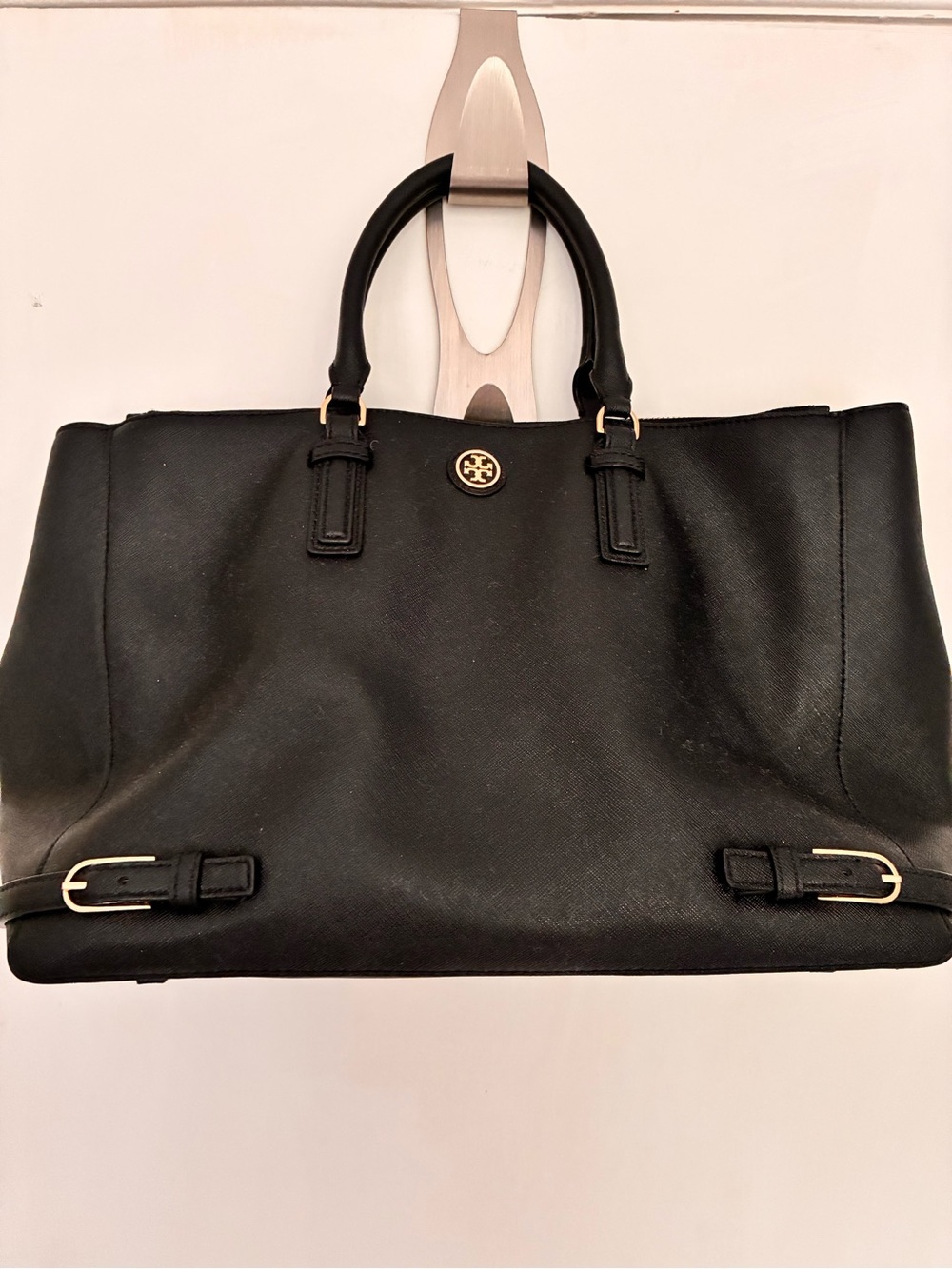 Tory Burch Black Leather Tote with Gold Logo